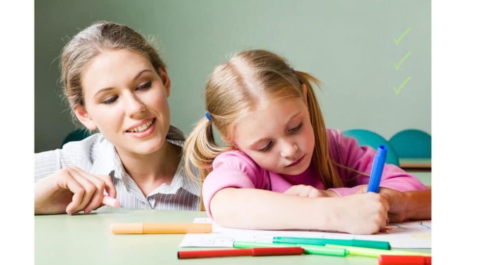 Parent or teacher observing a child as she draws. Assessment of oral language at home is based on observation.