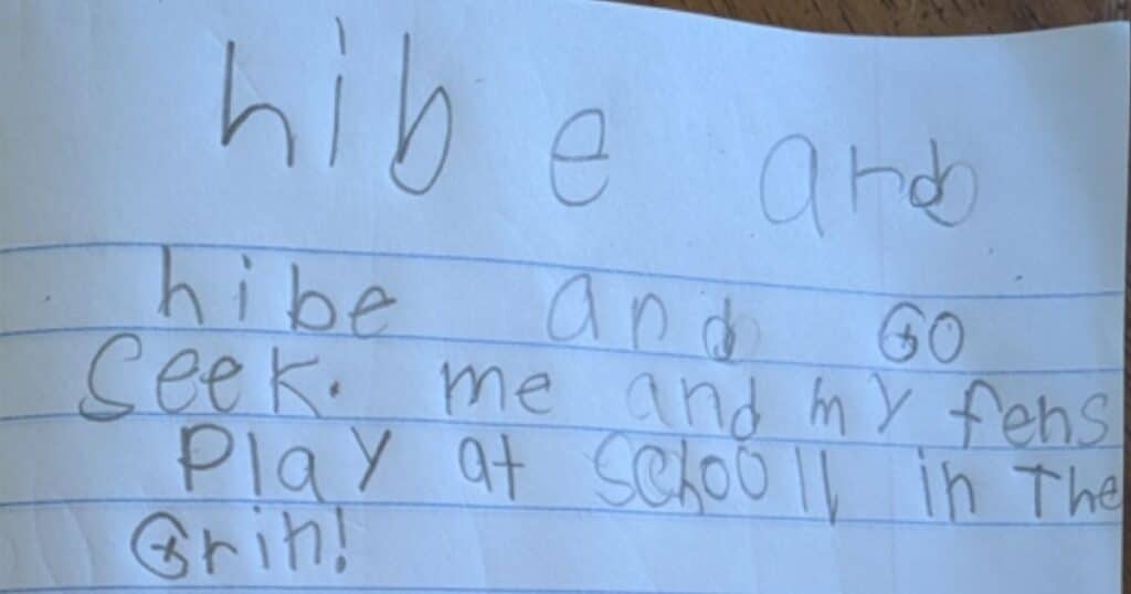 Child writing with invented spelling. My child needs help in writing often means help in spelling.