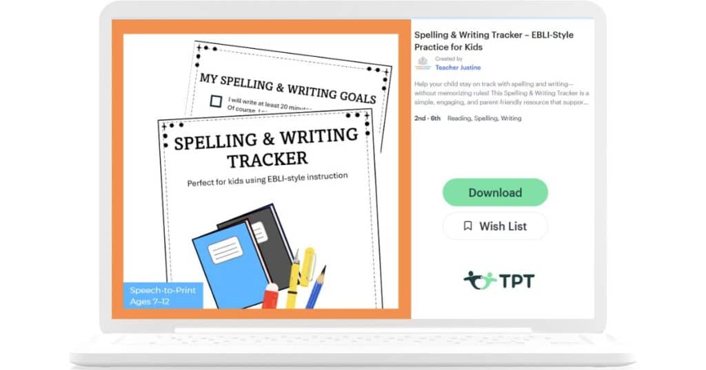 Screenshot of spelling and writing tracker sold on TpT.