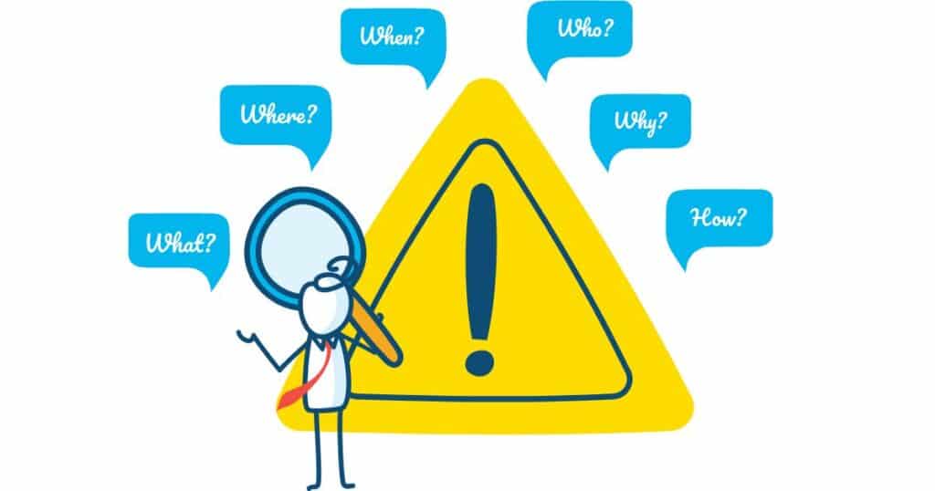 Yellow triangle graphic with who what where when why questions arond it illustrates that thinkSRSD pairs well with EBLI because they both teach kids how to write a gist summary sentence.