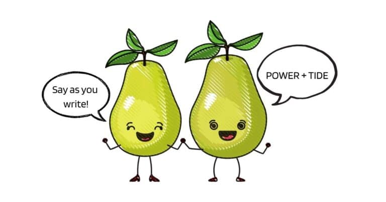 Cute cartoon of two pears holding hands with speech bubbles — play on ‘thinkSRSD pairs well with EBLI